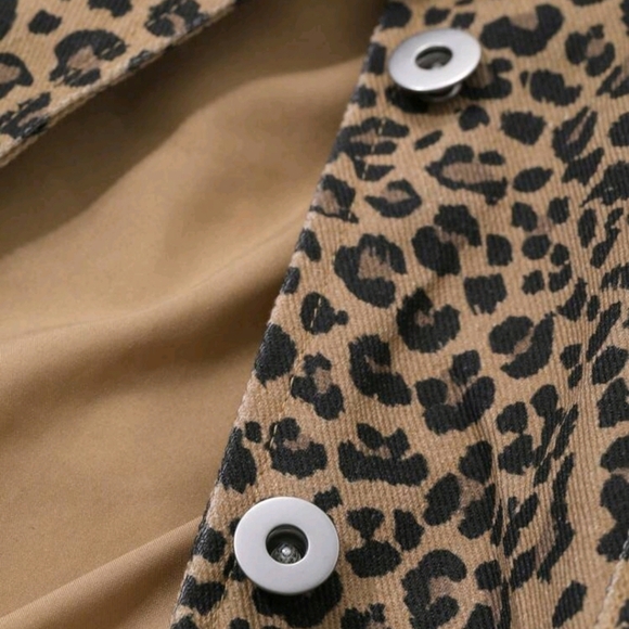 Leopard Print Patchwork Pu Collar Long Sleeve Pocket Women Jacket - Picture 8 of 8